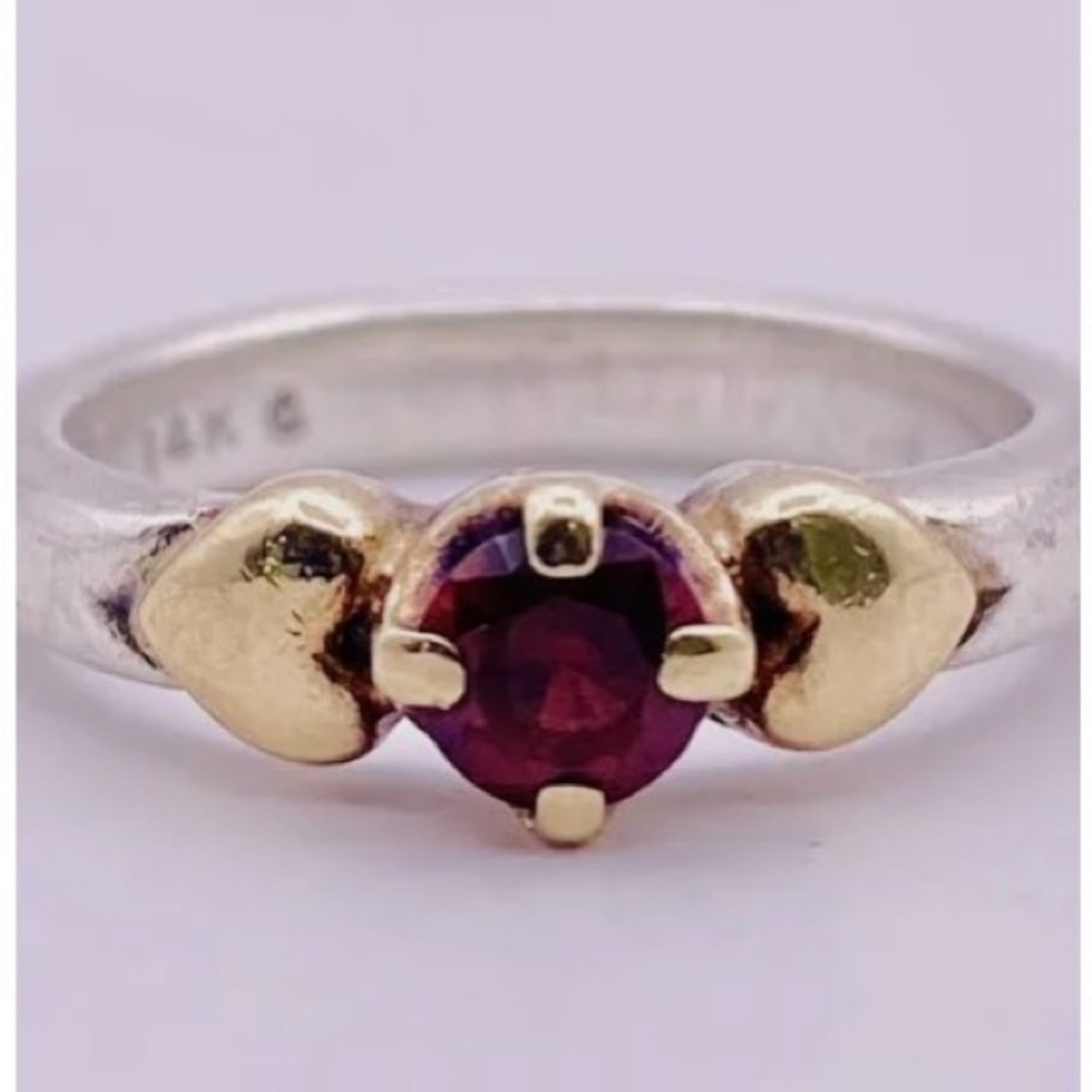 Retired James Avery Red Garnet & 14kt Gold Hearts Ring, Size 7